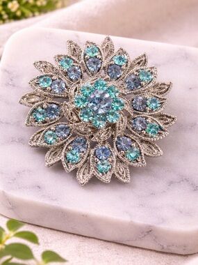 Silver Floral Blue Aqua Crystal Brooch